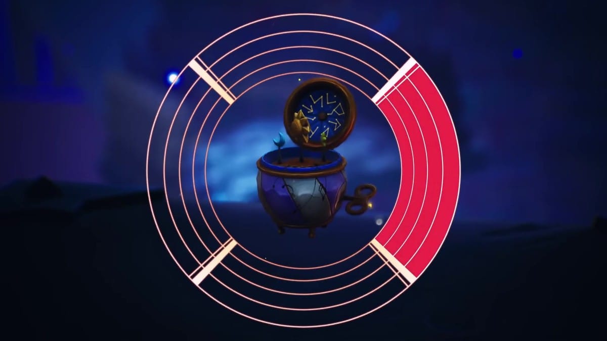 Interactive puzzle interface solving a music box mini-game with PlayStation controller prompts.