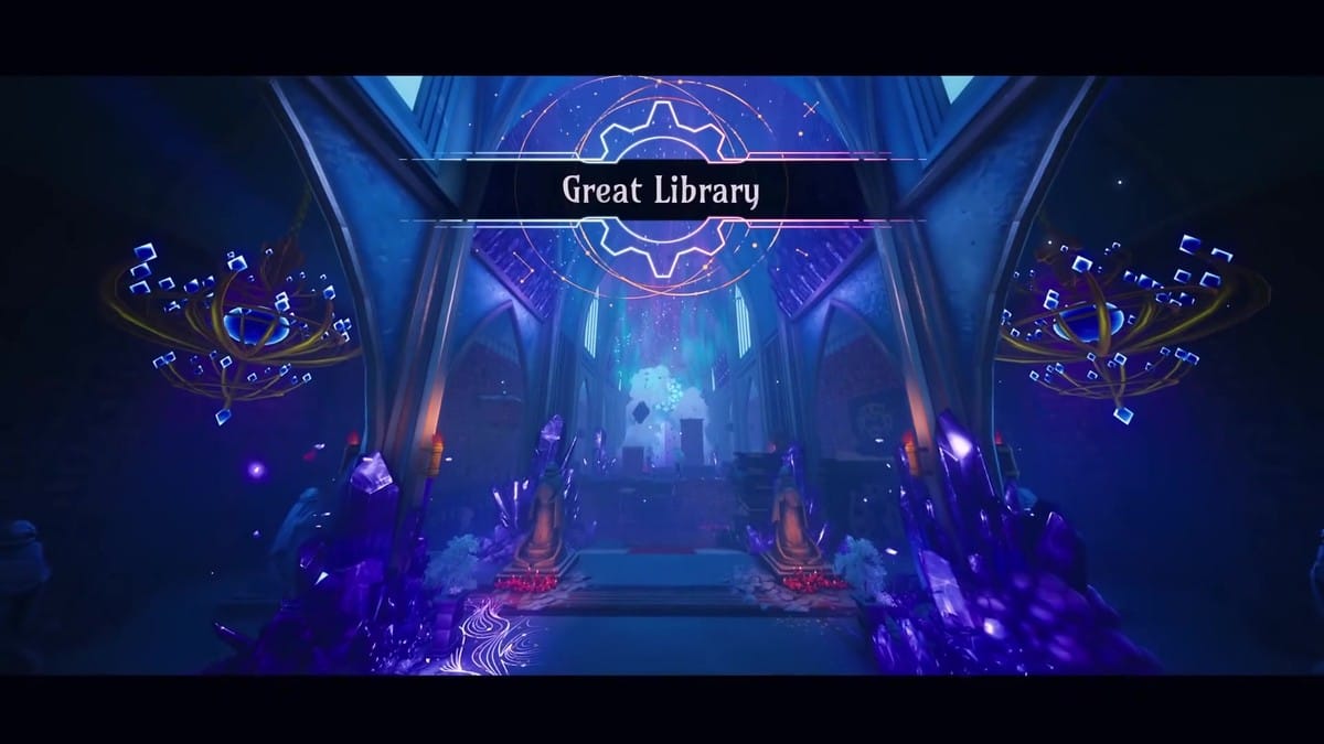 Location reveal title showing 'Great Library' within a mystical, purple-lit cathedral setting.