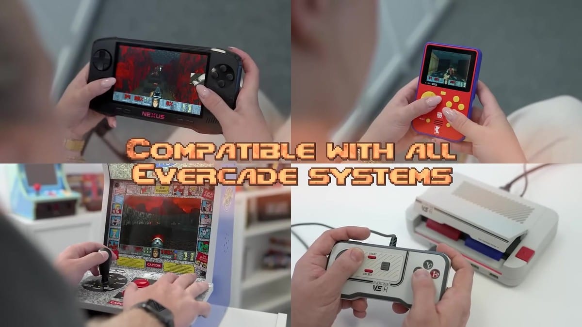 Four-way split showing the game playable on various Evercade hardware models including handhelds, home console, and arcade cabinet.