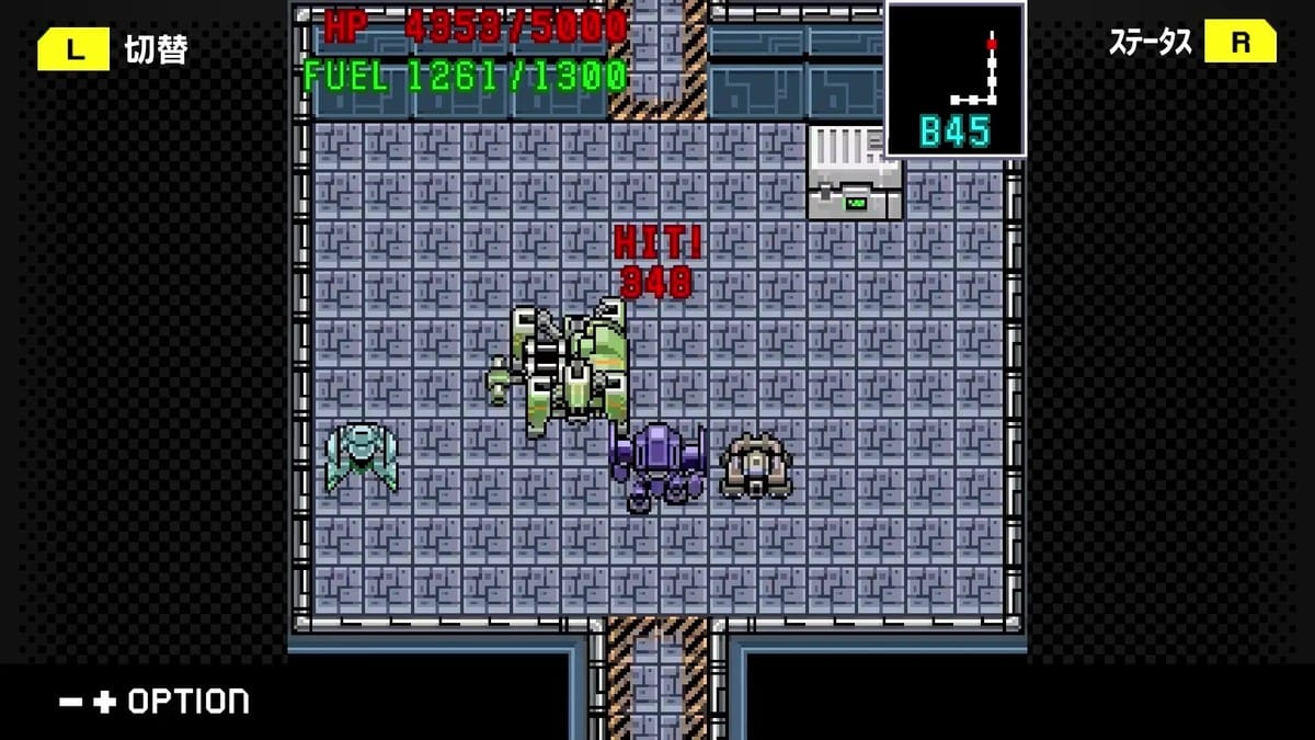 Top-down grid-based dungeon combat view showing player mecha attacking an enemy unit.