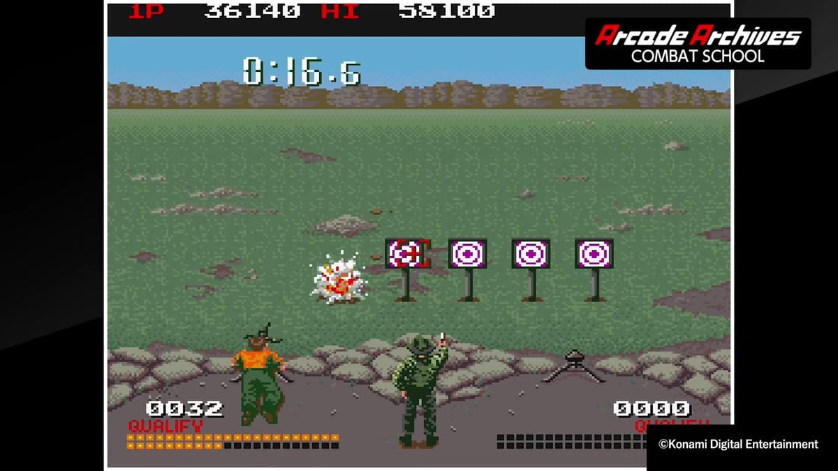 Target shooting range stage showing reticle aiming and exploding targets.