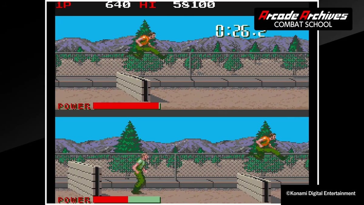 Side-scrolling obstacle course stage showing Player 1 and CPU scaling wall barriers.