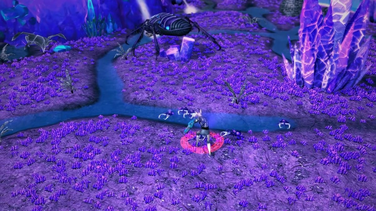 Isometric gameplay showing spell casting in a glowing purple alien landscape.