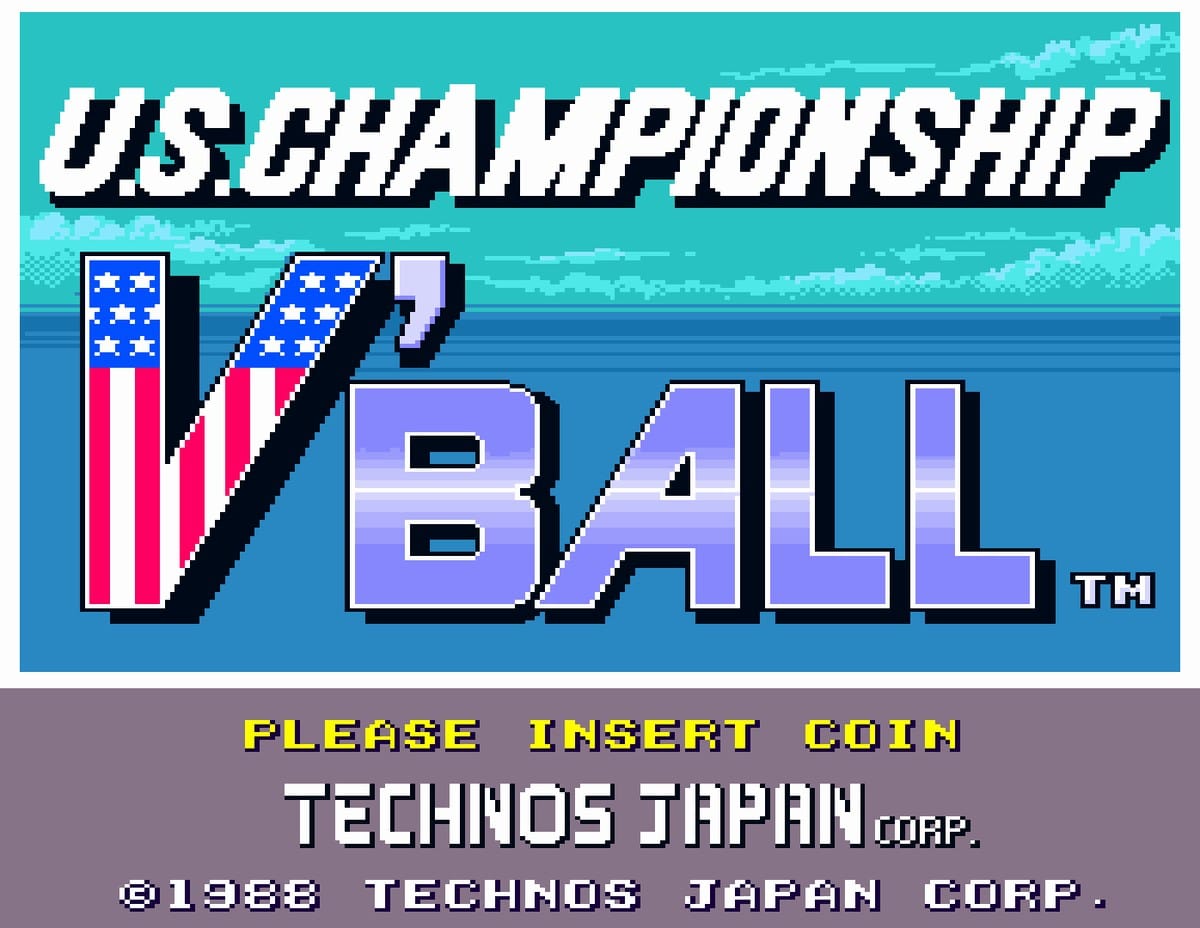 Screenshot of V'BALL arcade gameplay showing two players at the net