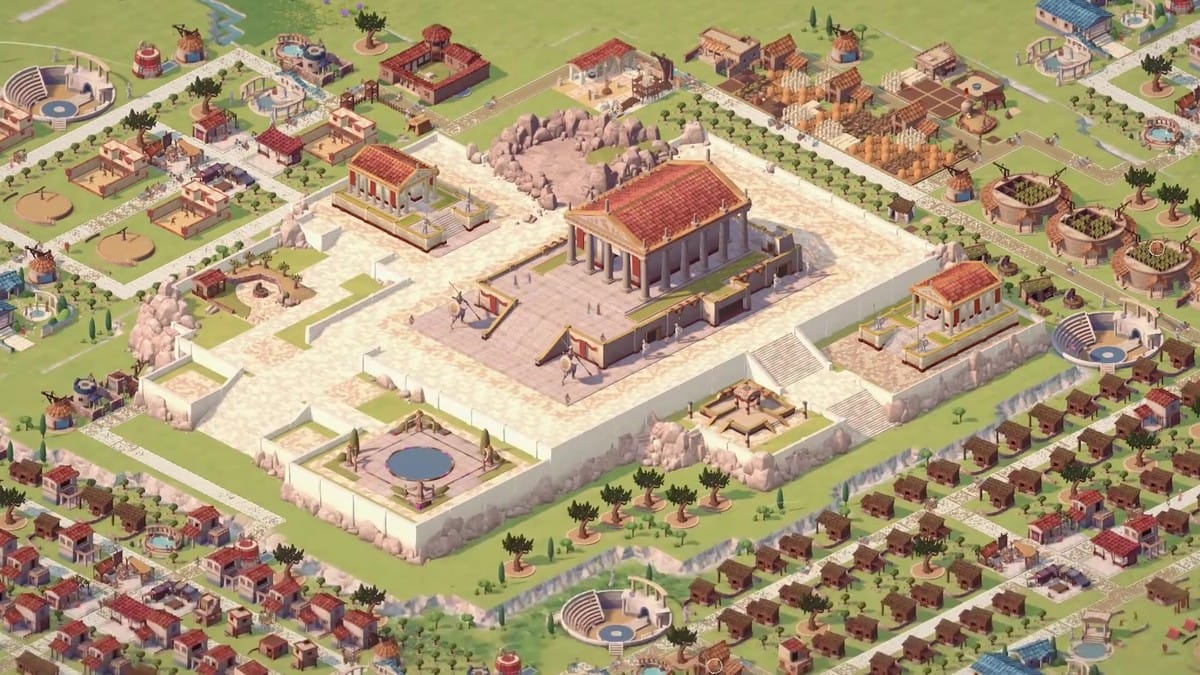 Theos: Cities of Myth title screen overlaying an isometric view of a Greek temple acropolis
