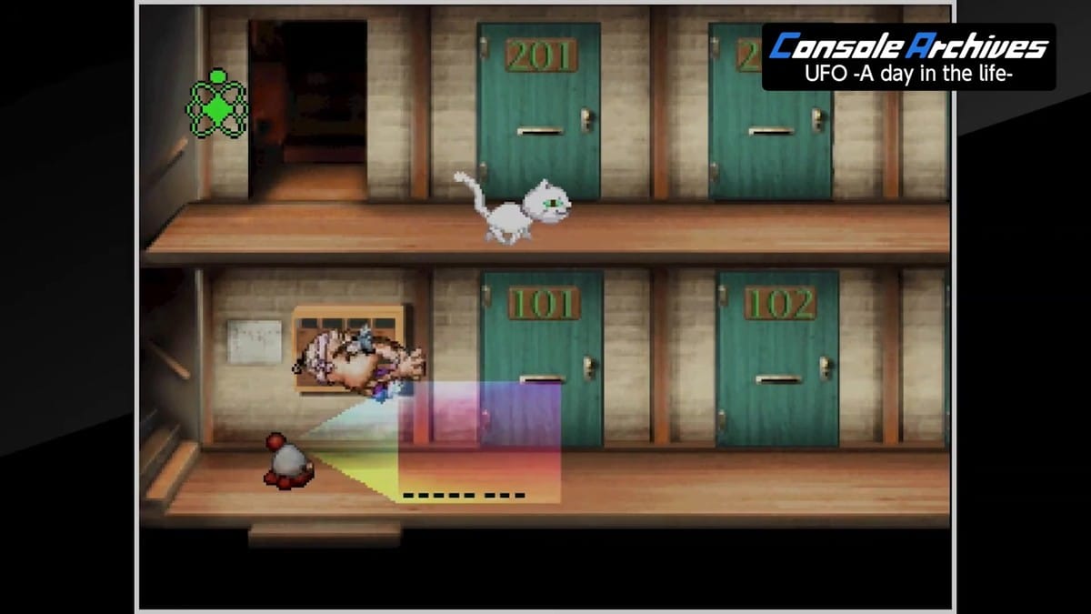 An old man wearing a bucket or pot on his head trips and falls on the balcony in front of the alien character.