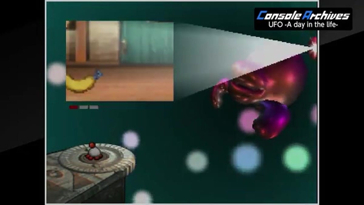 A surreal screen featuring a giant floating alien head analyzing a banana peel on the floor.