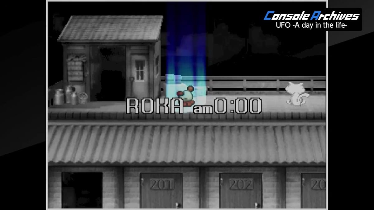 An alien character teleports onto the balcony of an apartment complex at midnight.