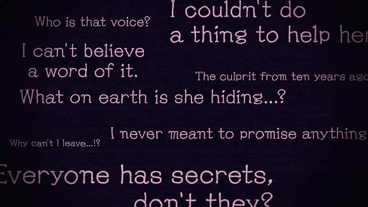 Superimposed ominous dialogue text overlaying an eerie, glitching backdrop.