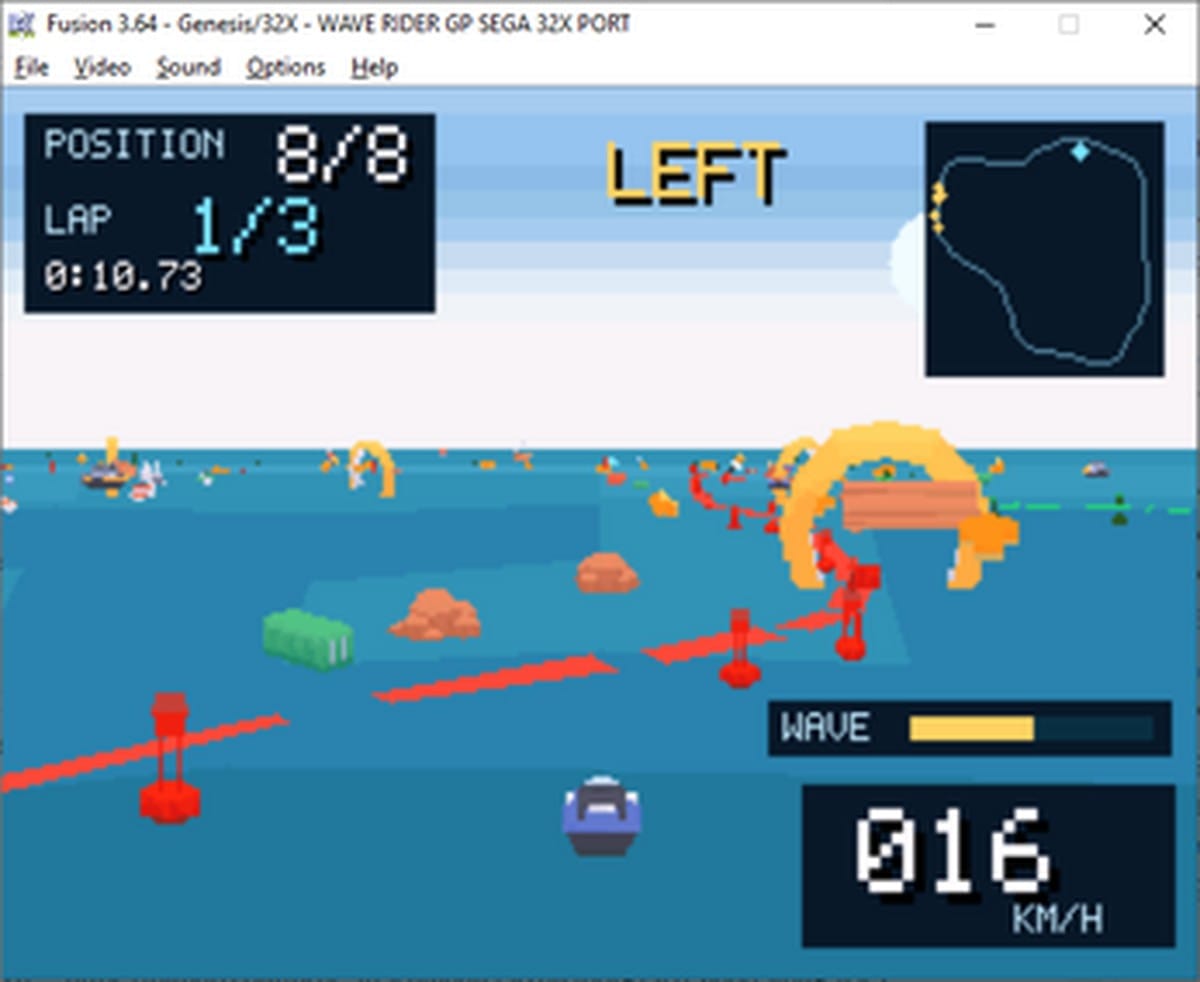 Wave Rider GP gameplay on Sega 32X showing a low-poly boat