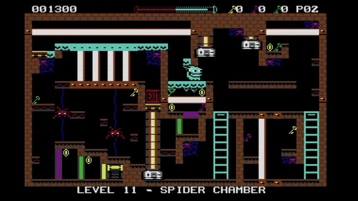Gameplay in Level 11 - Spider Chamber, showing spider hazards, key puzzles, and platform freezing action.