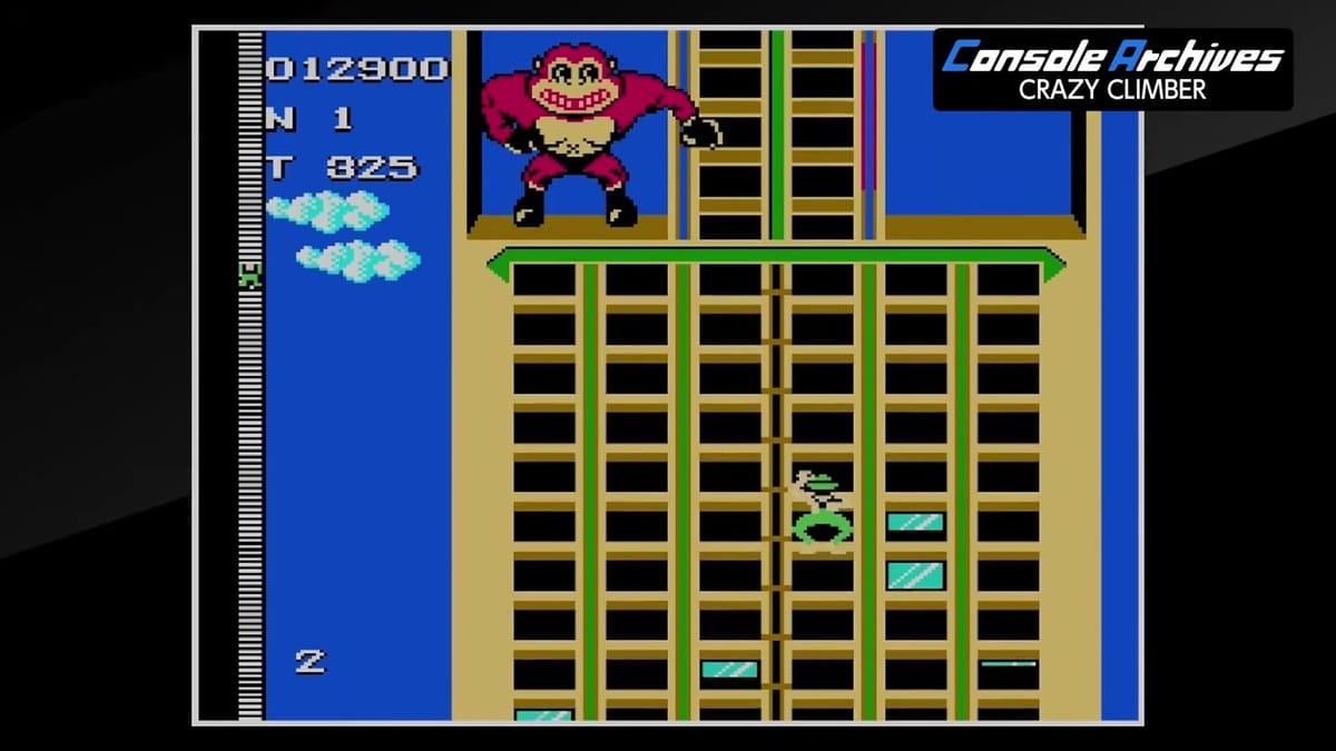 A giant ape enemy attempting to swipe at the climber character from a building opening.