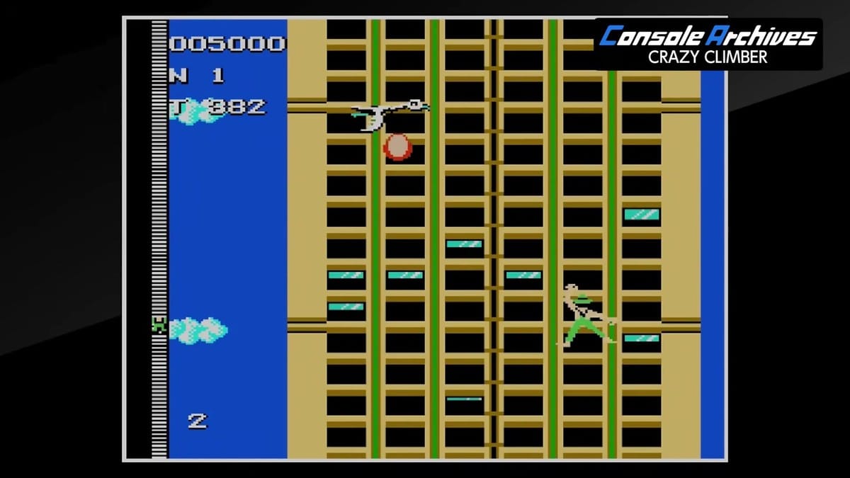 The climber character dodging falling objects dropped by a bird overhead on the building facade.