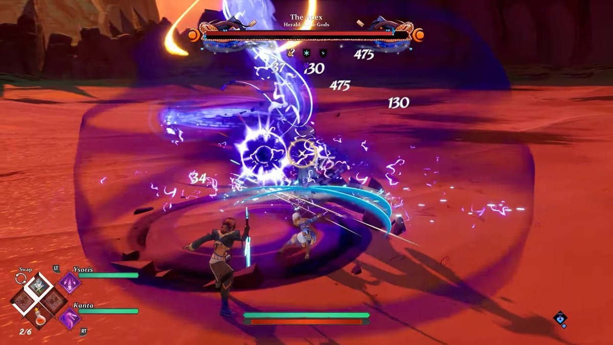 Fast-paced third-person combat gameplay showing magical area-of-effect spells and slash combos against a boss named 'The Apex'.