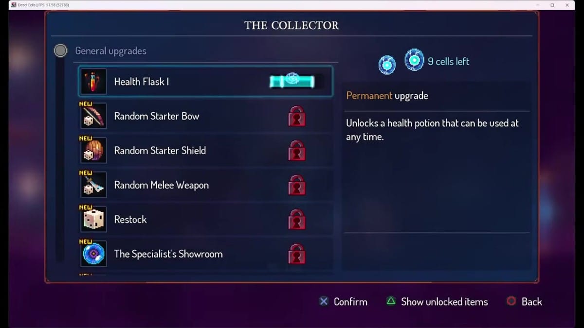 The Collector's upgrade menu showing 'Health Flask I' and progression unlocking mechanics