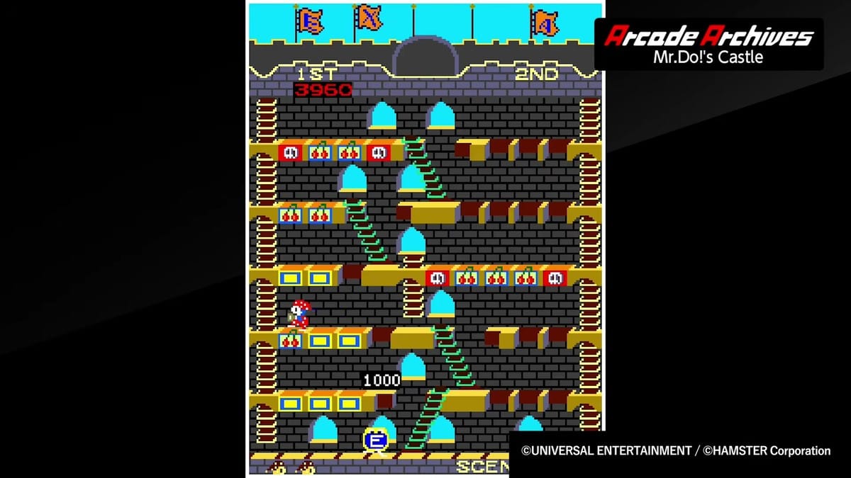 Mid-gameplay scene highlighting top letter tiles (E, X, T, R, A) and moving ladders.