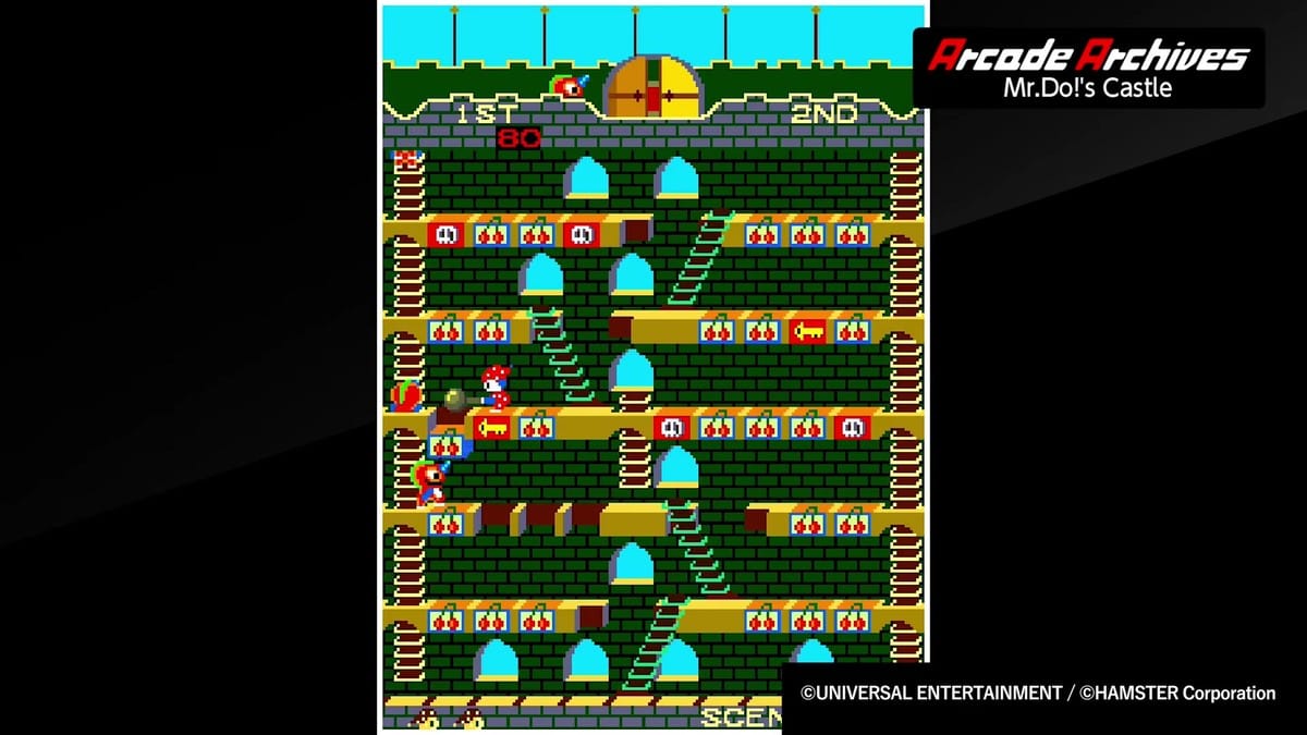 Mr. Do knocking out a floor block with his hammer on the bottom level while avoiding unicorn-like monsters.
