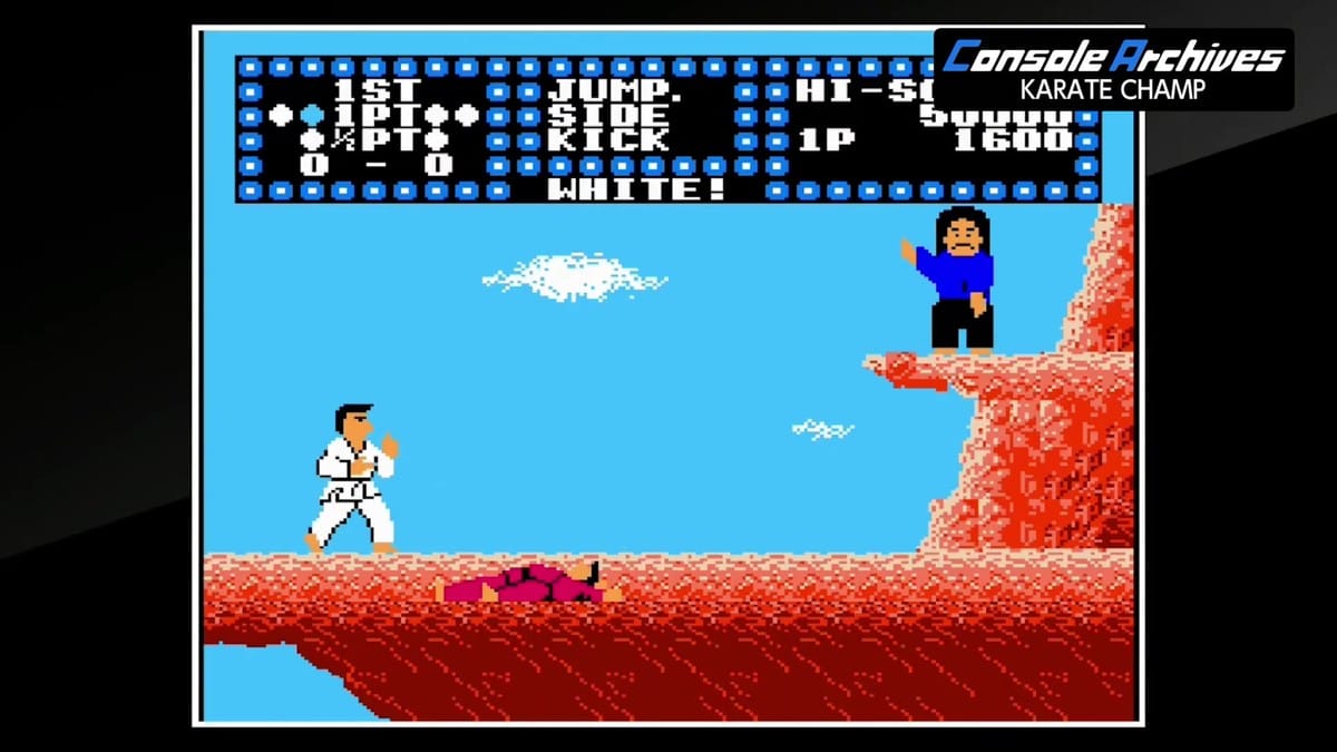 White karate fighter lands a jumping side kick on red fighter on the cliffside arena.