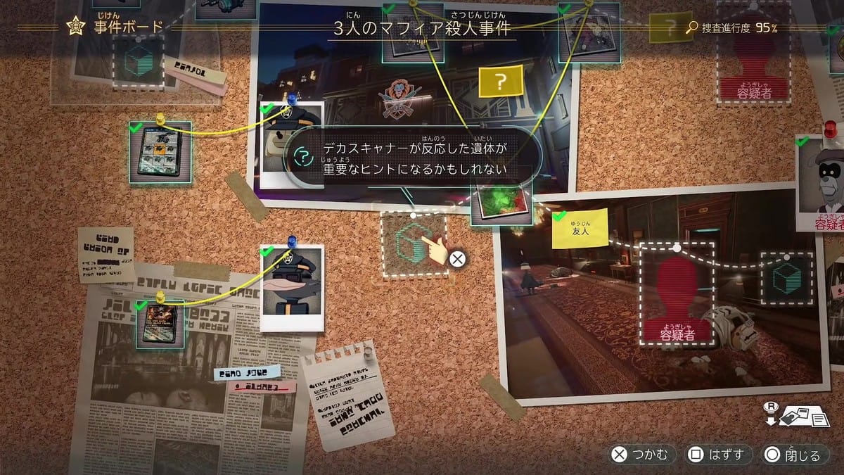 The interactive Incident Board connecting clues, photos, and suspects with pins and strings