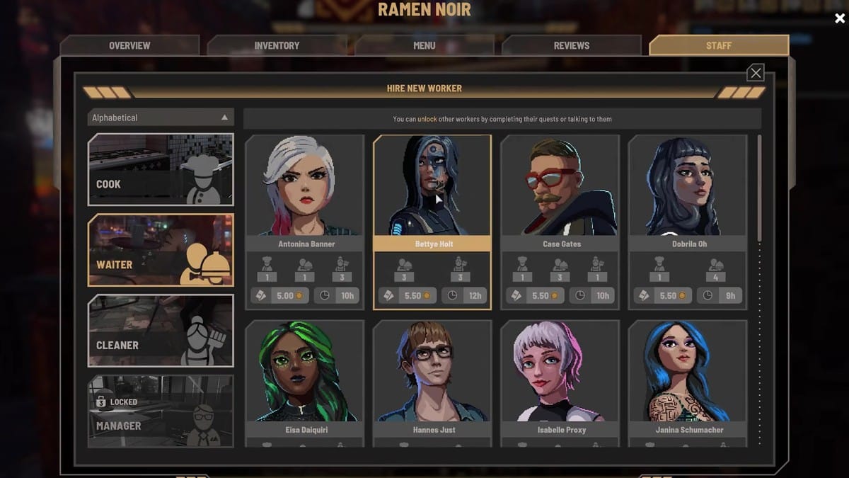 Staff hiring and scheduling menu showing character portraits and wages