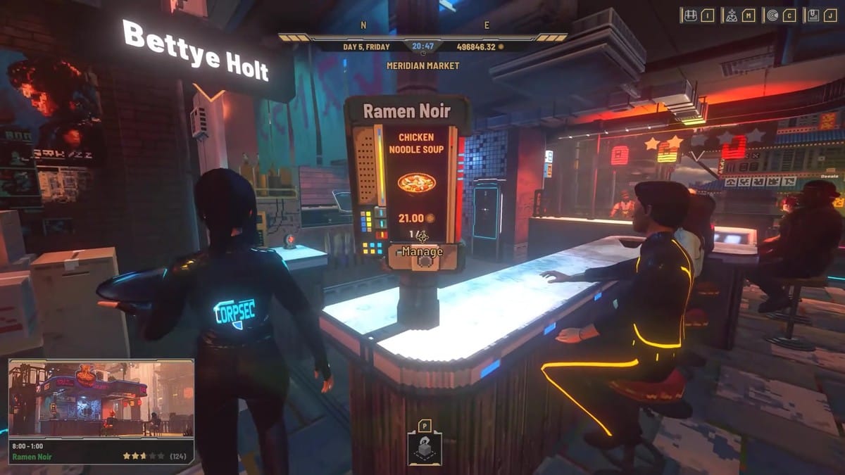 First-person view inside the Ramen Noir noodle bar showing customers