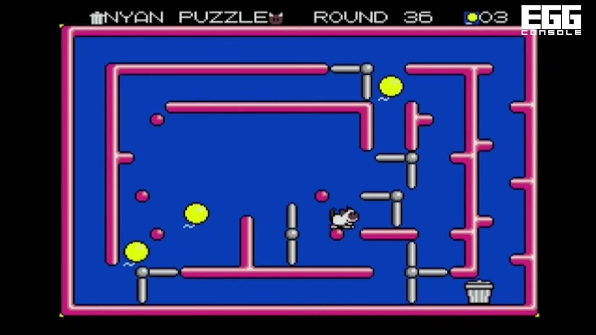 Gameplay footage of Round 36 showing complex pink pipe mazes.