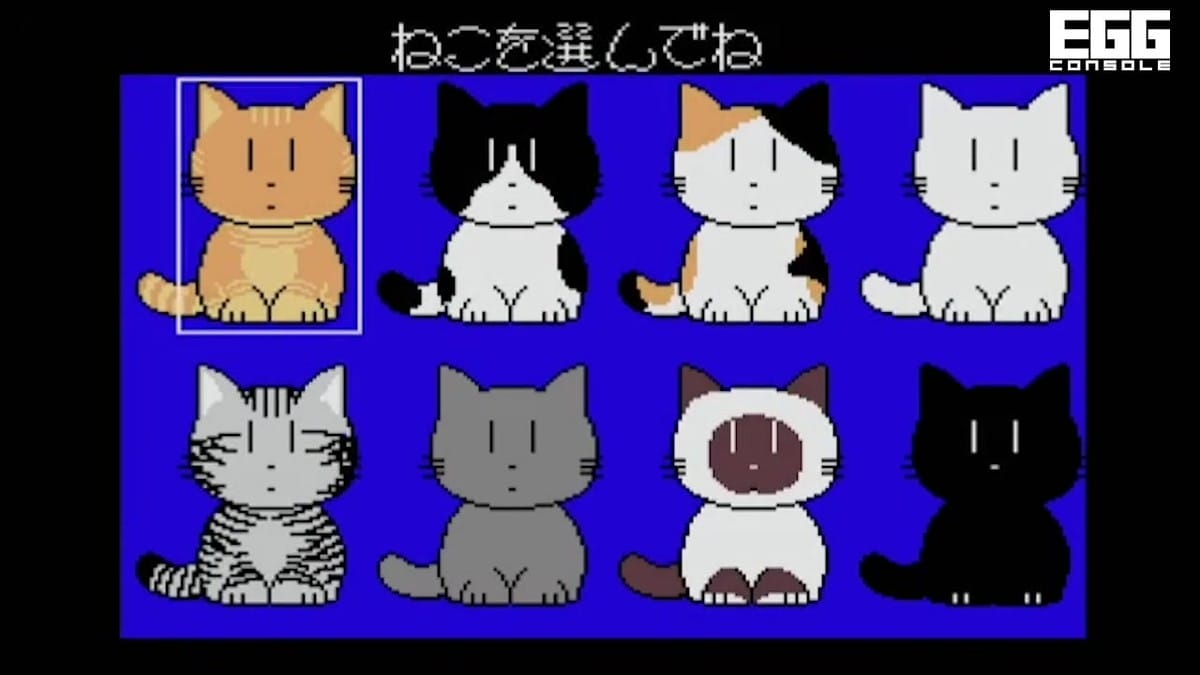 The cat selection screen showing eight different cat breeds.