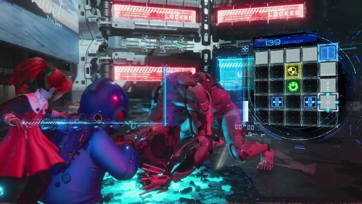 Gameplay combat in futuristic city wearing the Mega Man Fan suit