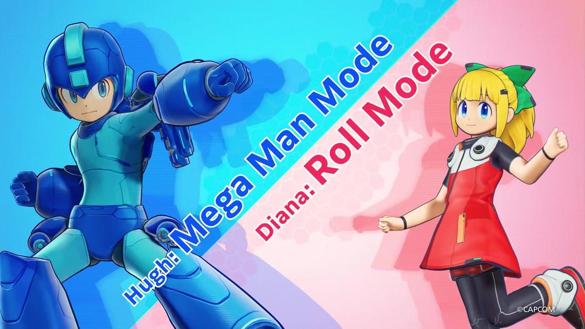 Character reveal showing the alternate stylized 'Mega Man Mode' and 'Roll Mode' Dual Override skins