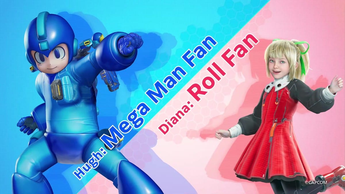 Character card reveal showing Hugh as 'Mega Man Fan' and Diana as 'Roll Fan'