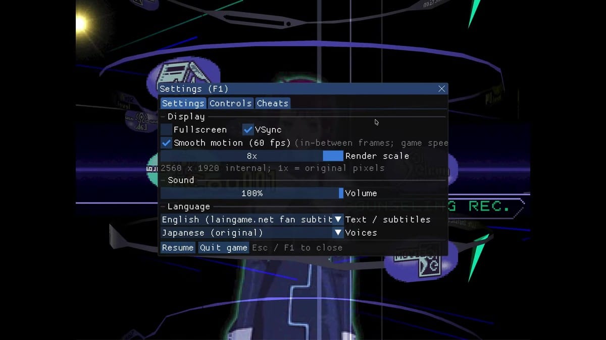 The settings overlay menu detailing internal resolution options up to 8x (2560x1920), 60 FPS smooth motion, and English fan subtitle toggles.