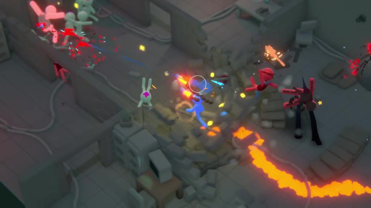 Top-down view of intense chaotic combat with neon projectiles, explosions, and crowds of enemy stickmen