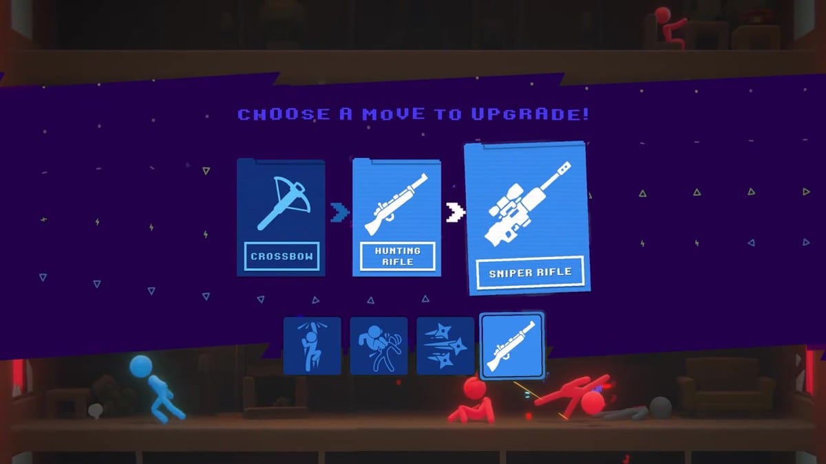 Upgrade selection menu showcasing abilities like Crossbow, Hunting Rifle, and Sniper Rifle