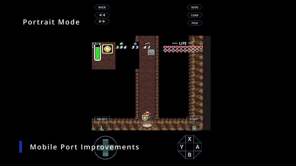 The Legend of Zelda: A Link to the Past running on mobile in Portrait Mode with virtual gamepad overlays.