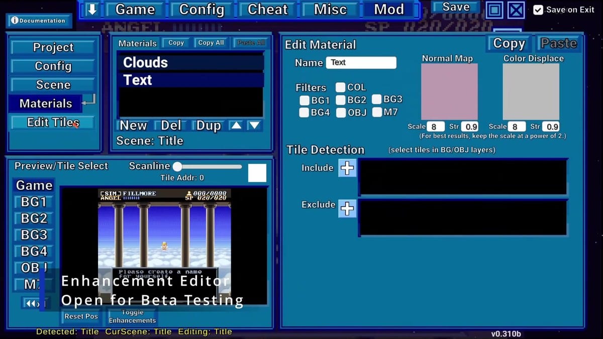 The Enhancement Editor UI showing material editing, normal mapping, and tile detection tools over ActRaiser gameplay.