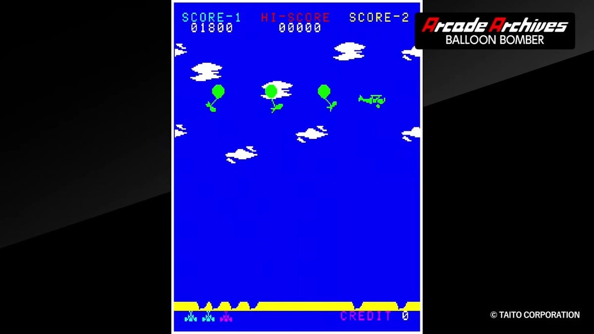 Green biplane crossing horizontally dropping green balloon bombs across the sky