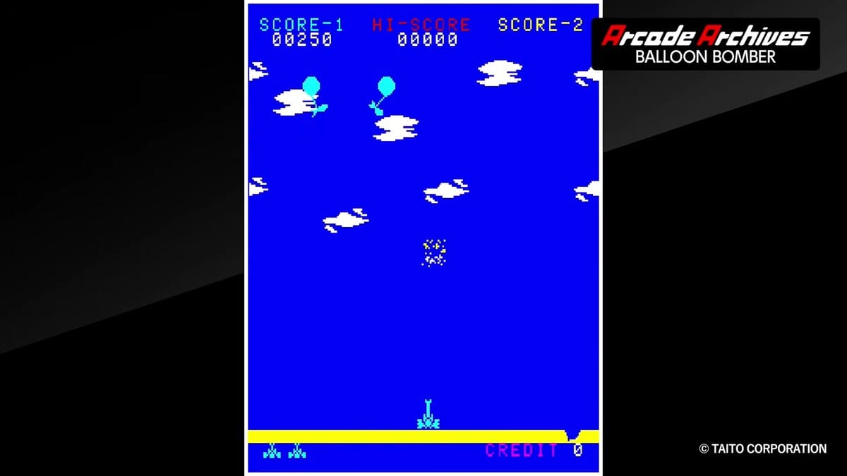 Ground cannon firing upwards at descending blue balloons and bombs among clouds