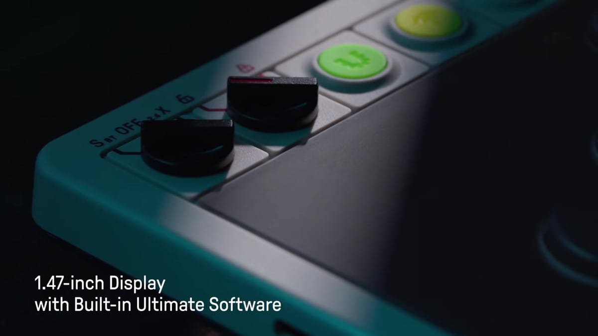 Close-up of the 1.47-inch integrated display screen showing built-in Ultimate Software controls and mode selection toggles