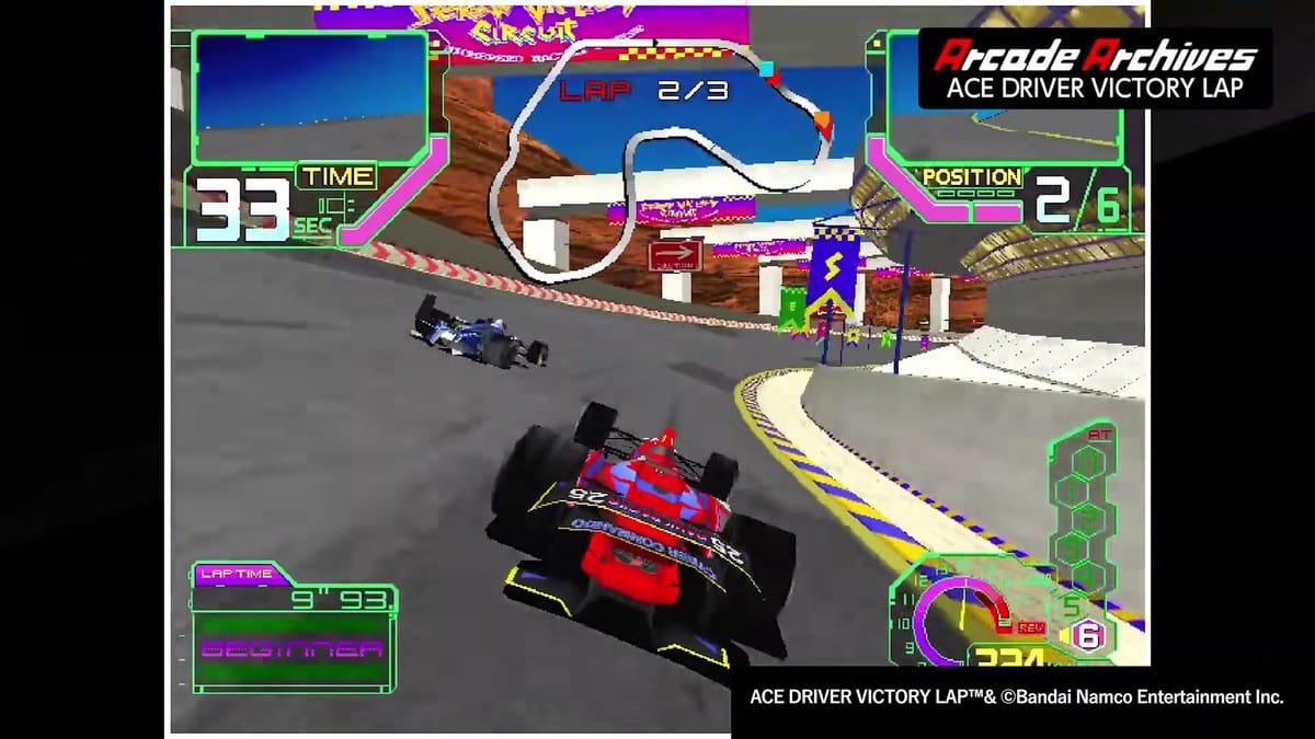 The player vehicle overtakes a blue rival on an inclined hairpin corner overlooking a scenic valley.