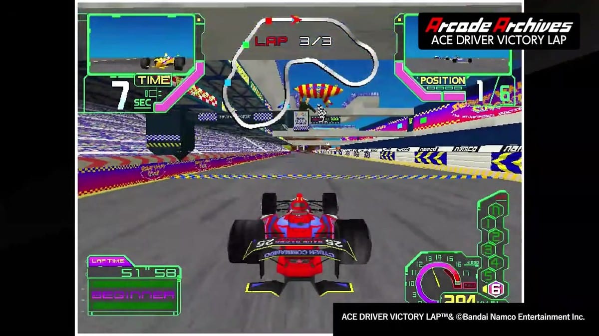 Post-race 'WINNER' result screen displaying lap times and total race time alongside floating blimps and banners.