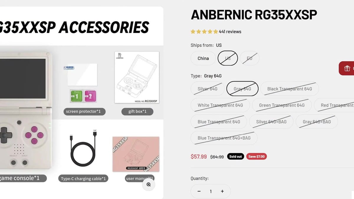 Anbernic storefront showing SD card options grayed out for US shipping