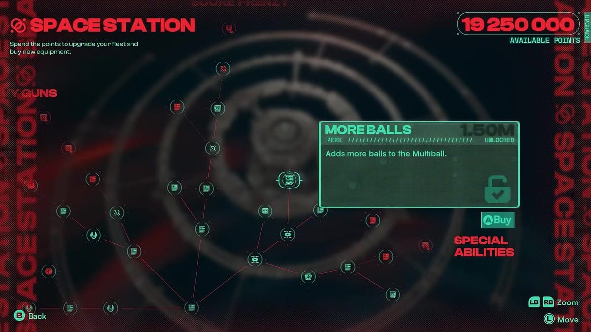 Space Station node-based skill tree map purchasing the perk 'More Balls' for 1.50M points