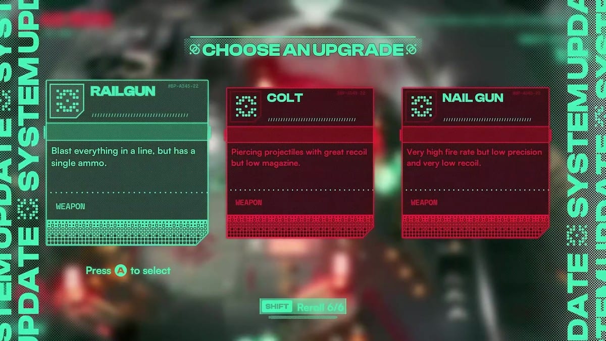 System update upgrade selection screen showing weapon options: Railgun, Colt, and Nail Gun