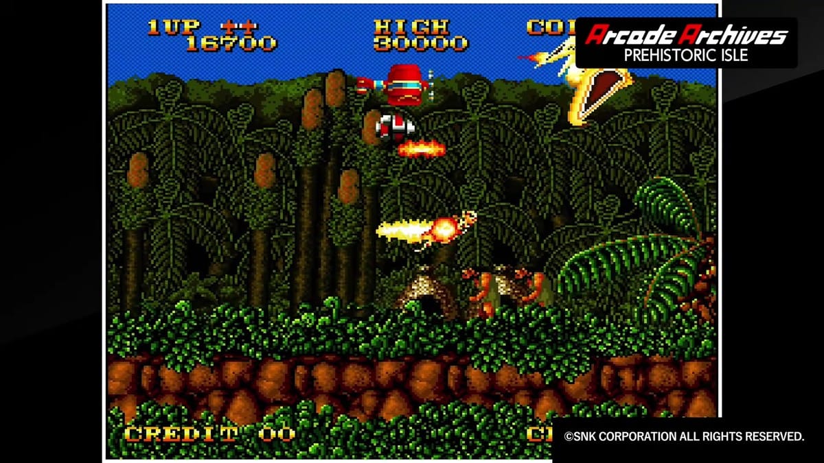 Player biplane battling cavemen, pterodactyls, and dinosaurs in dense jungle with rotating power-up option module