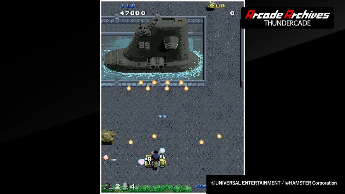The player facing off against a massive boss submarine (marked with '99') in a dockyard basin firing dense bullet spreads.