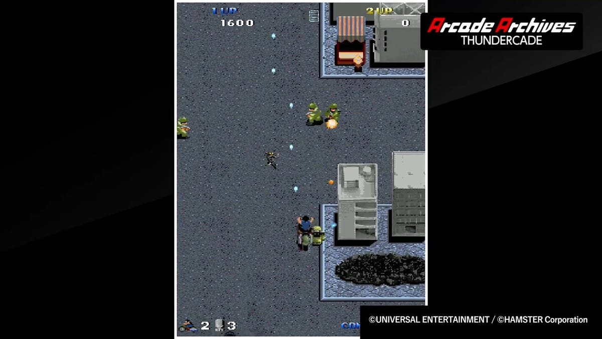 The player motorcycle navigating streets and shooting approaching enemy foot soldiers and tanks.