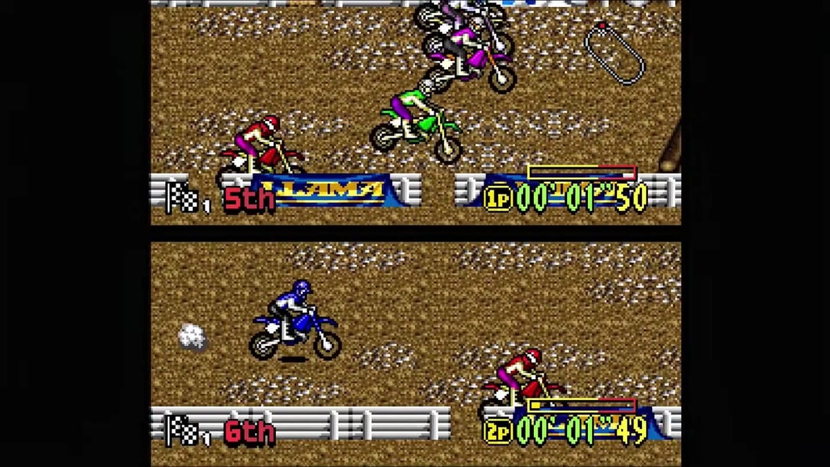 Split-screen multiplayer racing showing concurrent wipeouts on dirt ramps