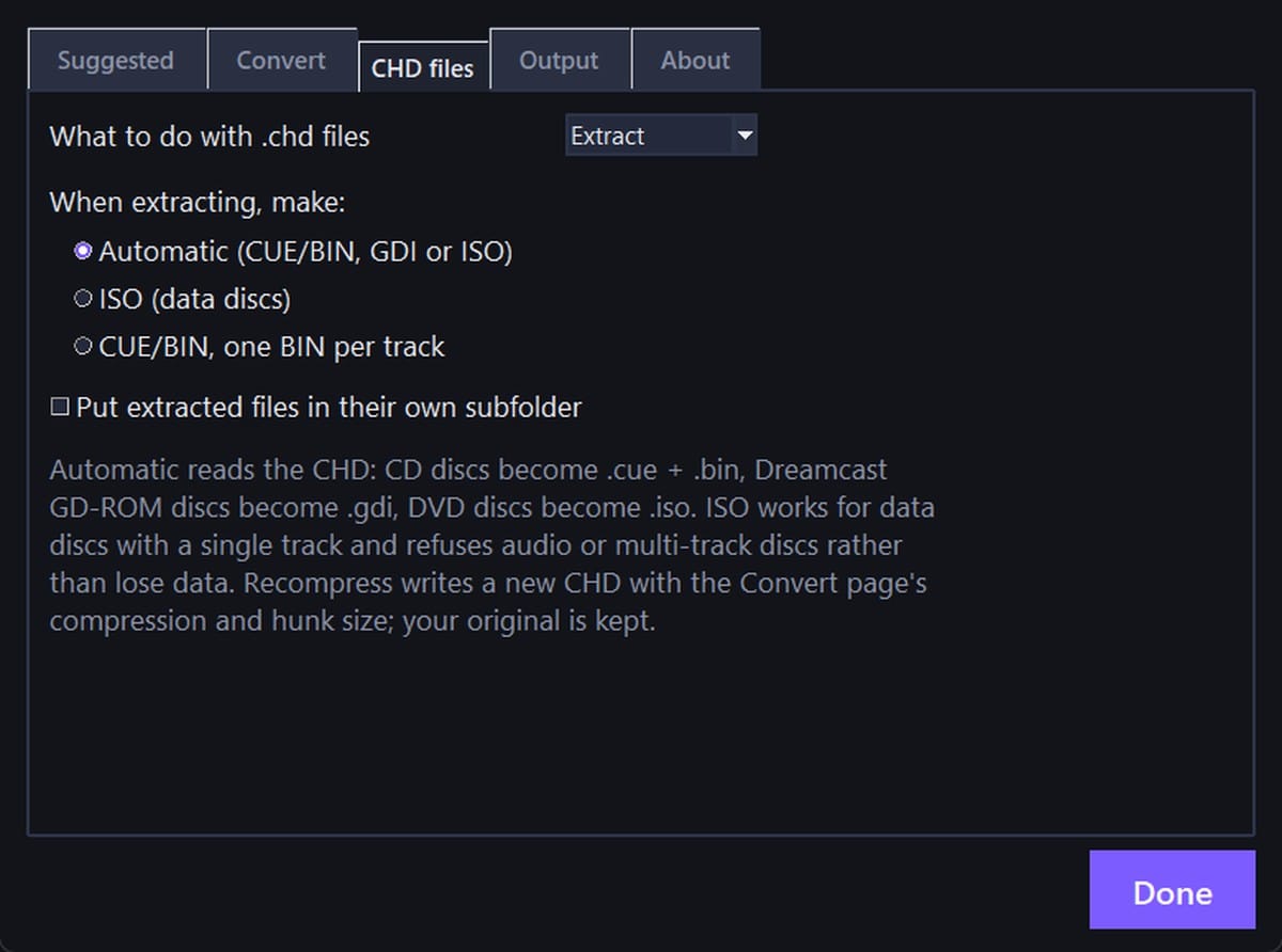 The CHD files page of the settings window