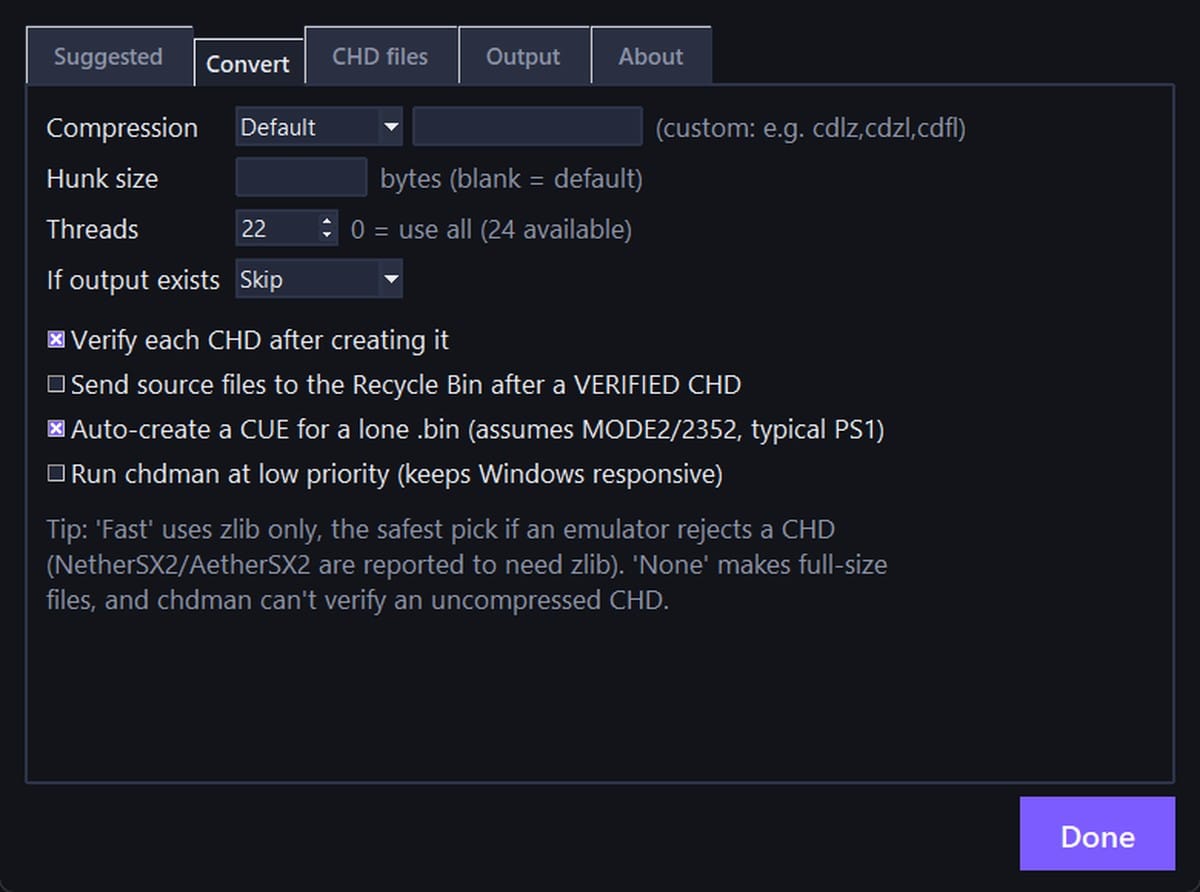 CHD Manager, settings window on the Convert page
