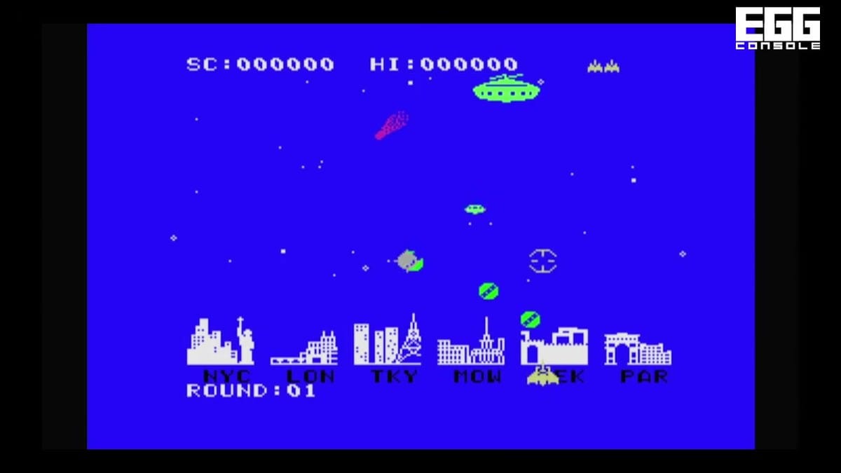 Crosshair aiming at UFOs and falling bombs above global city landmarks including Tokyo Tower and the Statue of Liberty